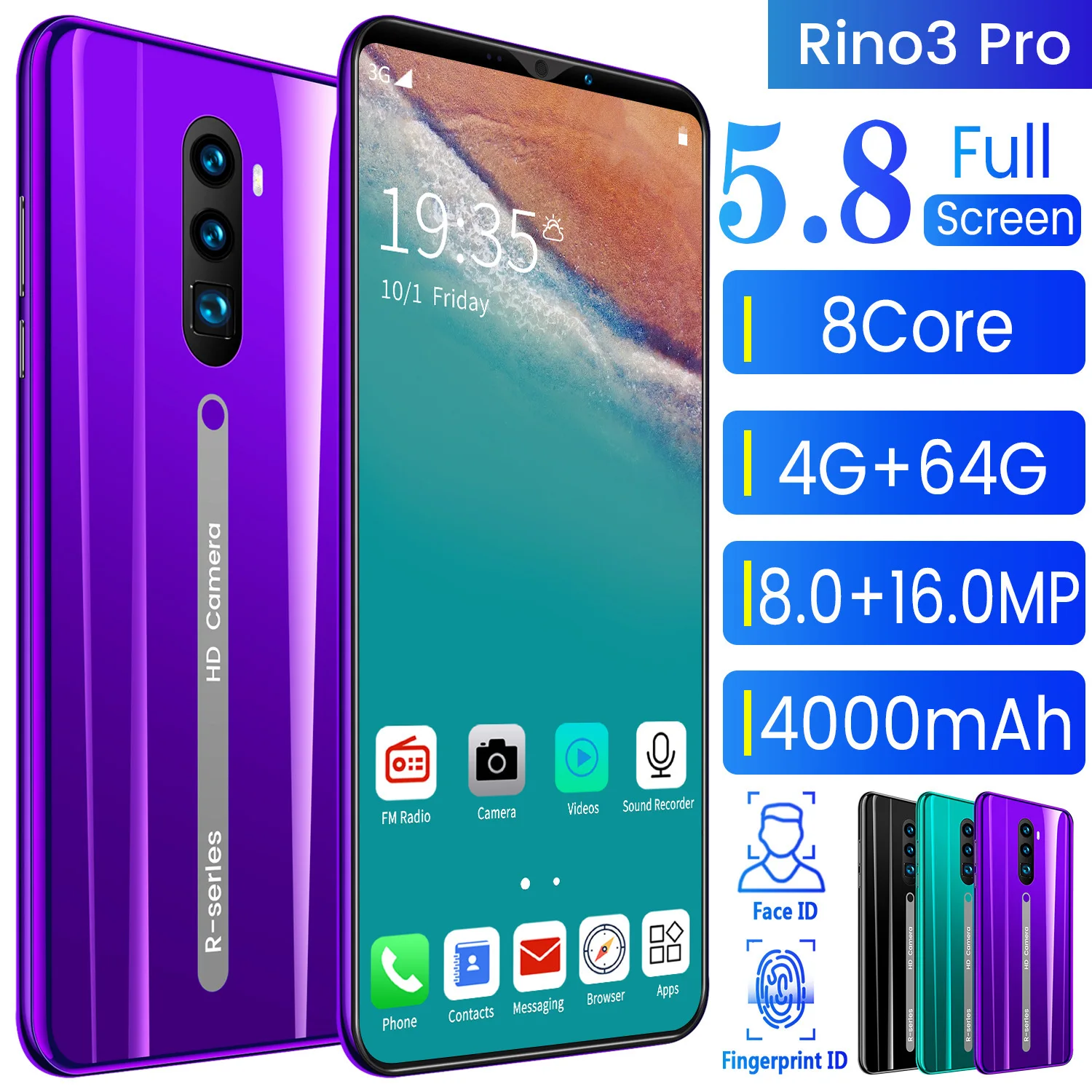 

The latest version of Rino3 Pro Android11 4/64GB Global edition HD screen 4G 4000mAh 5.8-inch 10 core simple fashion only phone