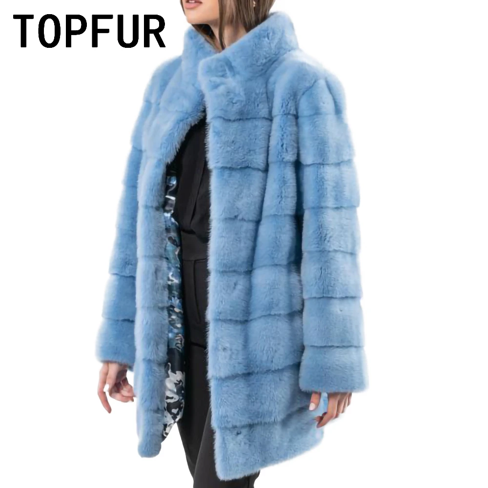 TOPFUR Import Blue Natural Mink Fur Coat Luxurious Round Neck Basic Jacket Loose Fashion Real Fur Coat Woman Outwear Customized