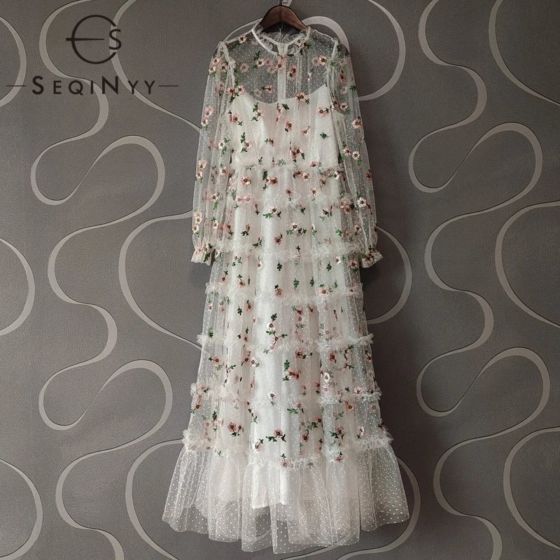 SEQINYY Elegant Long Dress Summer Spring New Fashion Design Women Runway Dot Mesh High Quality Embroidery Flower Lace A-Line