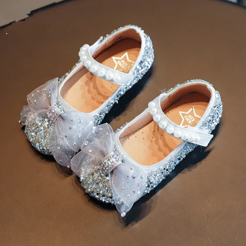 

Bow Girl Princess Shoes Kids Leather Shoes For Wedding Party Soft Soled Dance Shoes for Little Girls Chaussure Fille Silver Pink
