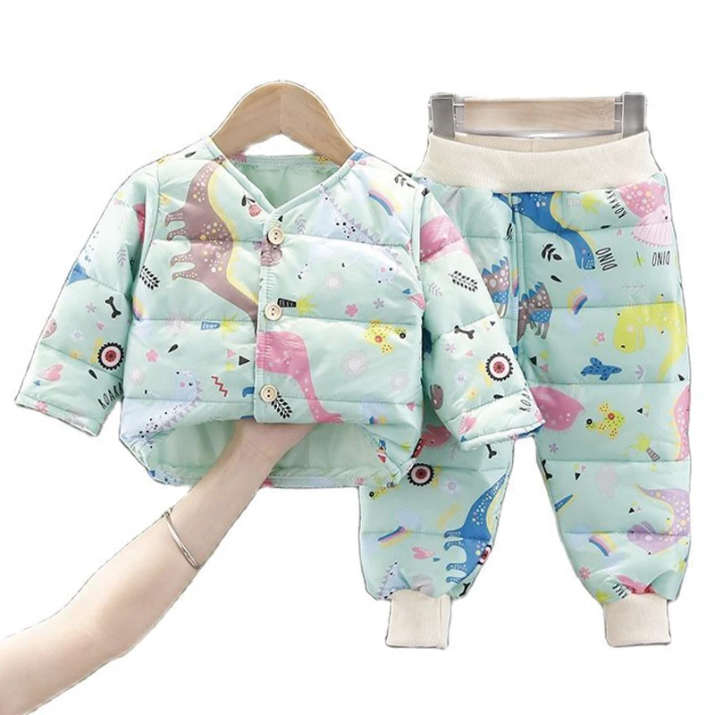 

Winter Baby Boys Girls Suits Down Cotton Clothes 2021 New Cartoon Cute Coat+Pants 2pcs 0-4y Kids Homewear Children Clothing sets
