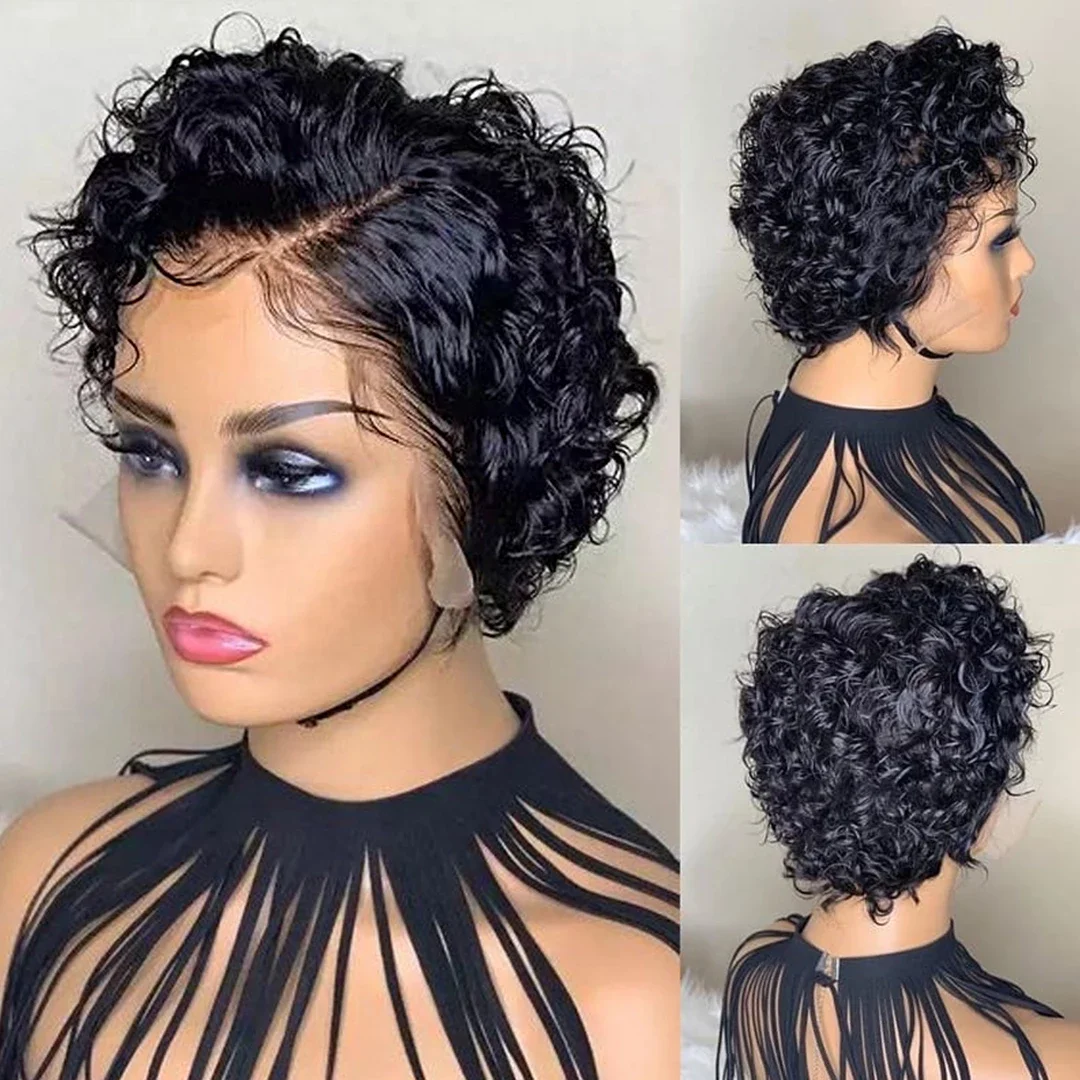 

Pixie Cut Wig Short Curly Human Hair Wigs Cheap Human Hair Wig Under $35 13X1 Transparent Lace Wig For Women Deep Wave Human Wig