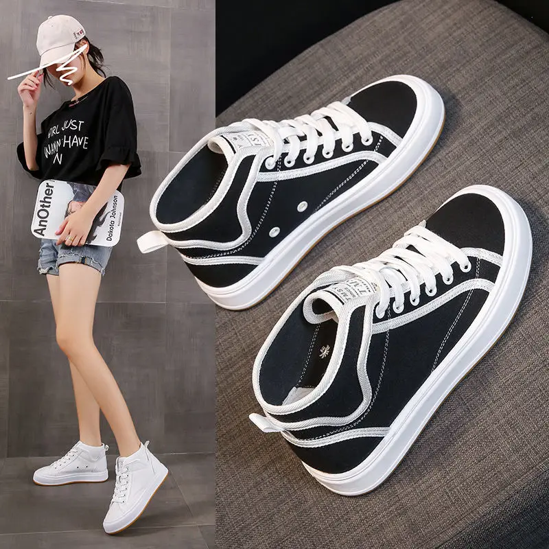 

Hight-top Canvas Shoes Chic Women's 2020 New Style White Shoes Spring Korean-style Girls Heart Sneakers 35-40 High Low Lace Up