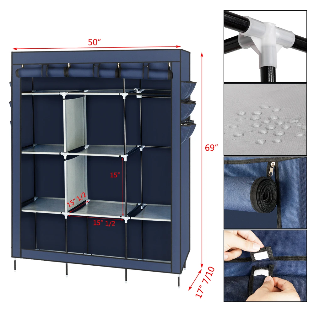 

69" High-leg Non-woven Fabric Assembled Cloth Wardrobe Dark Blue