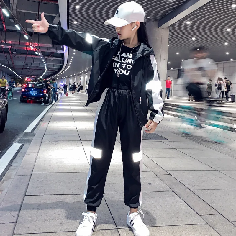 Крутая одежда для больших девочек пальто на молнии ночной яркий черный комплект