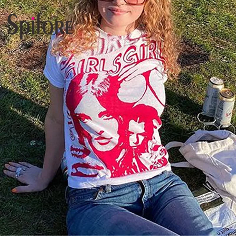 

Spifore Graphic T Shirt Short Sleeve Round Neck Basic Shirt Summer Women Tie Dye Crop Top 90S Y2K Portrait Print Tee Shirt Femme