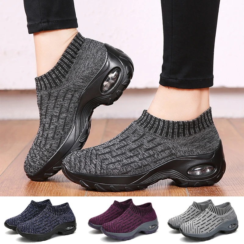 

Женские теннисные туфли на воздушной подушке, дышащая сетчатая обувь на танкетке, женские носки без застежки, уличные теннисные кроссовки, ...