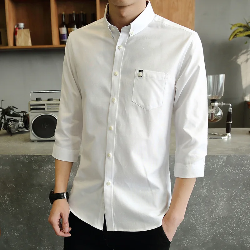 

New spring men's shirt long sleeve Korean versatile solid color youth 7 / 4 sleeve men's shirt