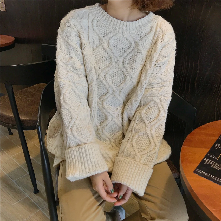 

Harajuku Twist Knitted Sweater 2019 Tunic Winter Women 3 Colors Pullovers Thick Warm Oversized Long Sweaters Tops Femme