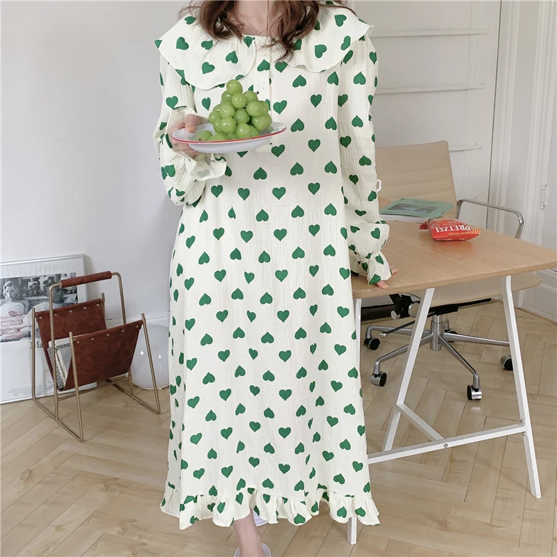 

sweet peter pan collar nightgown women dress homewear cotton crepe comfortable sleepdress long sleeve loose jumper ruffles L569