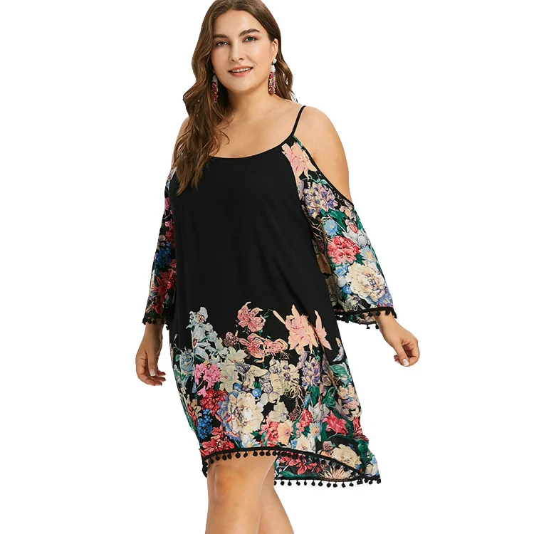 

Women Summer Mini Dresses Plus Size Sexy Salsh neck Dress Casual Off The Shoulder Boho Flower Print A-line Dress Fashion 2021