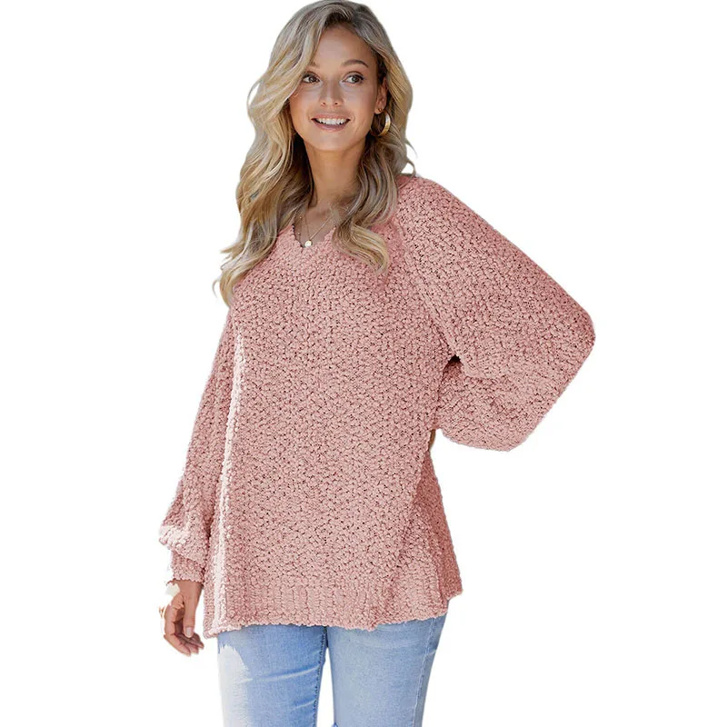 SEBOWEL Casual Solid Color Woman Sweater V-neck Long Sleeve Popcorn Knit Sweaters Female Warm Autumn Winter Ladies Tops Clothes | Женская