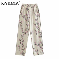 kpytomoa women 2021 chic fashion with piping floral print pants vintage high elastic waist side pockets female trousers mujer