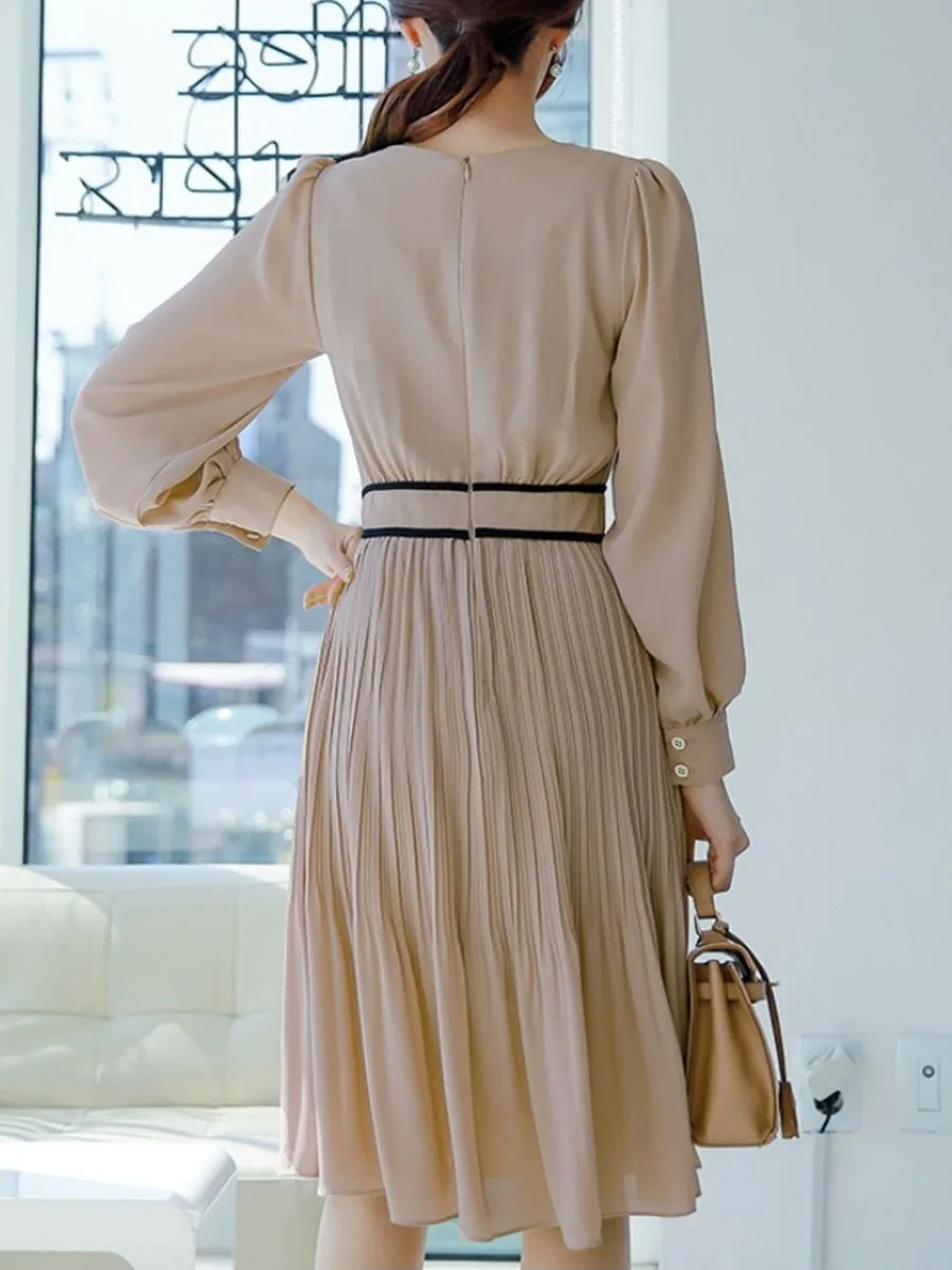 

Spring Long Sleeve Dress Women 2020 Korean Office Ladies Round Neck High Waist A Line Mid-Calf Solid Pleated Long Dress