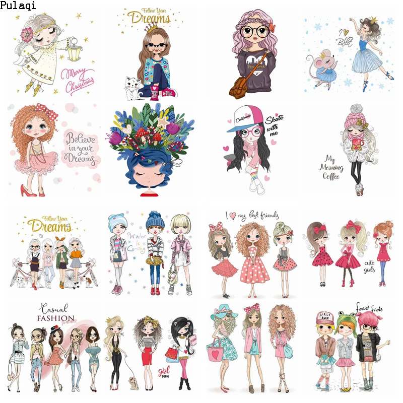Pulaqi Beauty Girl Ironing Stickers Heat Transfer Vinyl Patch Thermal Iron On For Clothes Baby Tshirt Cartoon Badge DIY | Дом и сад