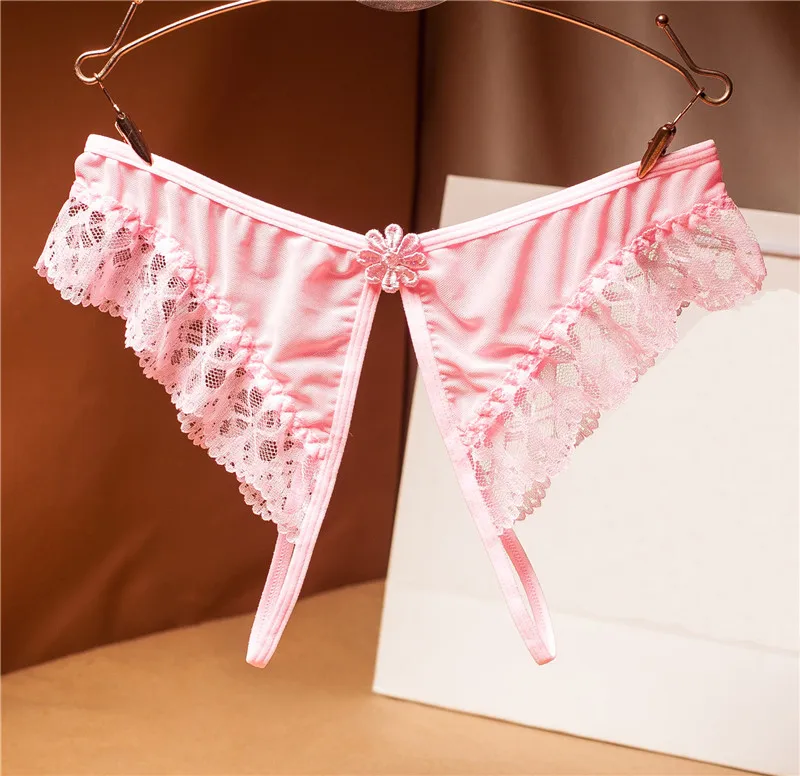 Pink Женское сексуальное нижнее белье горячая эротическая открытая промежность трусики порно Прозрачное нижнее белье с цветочным кружевом без косточек прозрачные сетчатые трусы - Цвет: Pink
