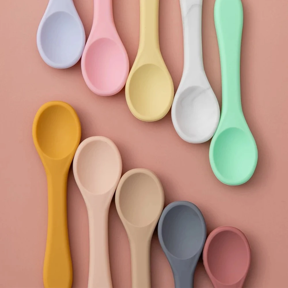 Beb&eacute; suave Tenedor de silicona cuchara de alimentaci&oacute;n de BPA libre chico platos ni&ntilde;os beb&eacute; accesorios de silicona vajilla 2 unids/set-2
