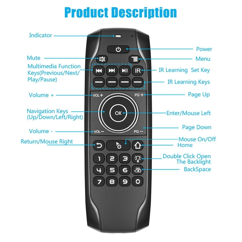Bluetooth 5.0 Mini Keyboard G7BTS Gyroscope Backlit IR Learning Air Mouse Remote Control for Smart TV Box Laptop Tablet | Компьютеры и