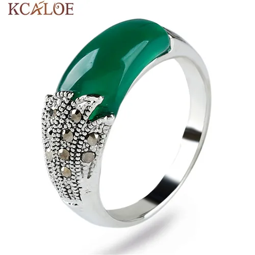 KCALOE, черный натуральный камень, женские кольца, винтажные Ретро ювелирные изделия, античное серебро, стразы с кристаллами, Брендовые женские кольца - Цвет основного камня: green