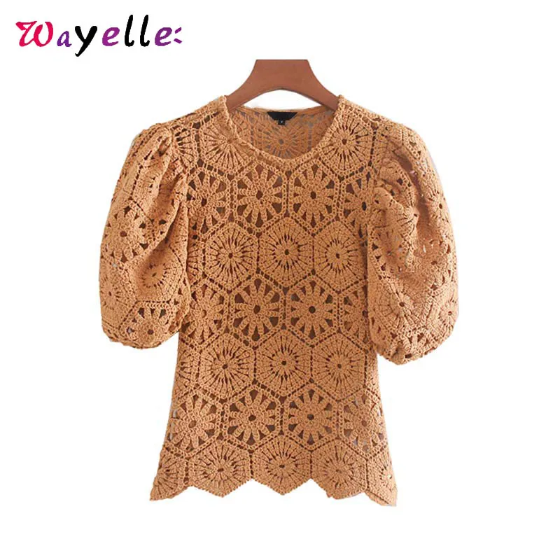 Выдалбливают вязаный короткий топ для женщин Осень Винтаж прилива рукав Милая