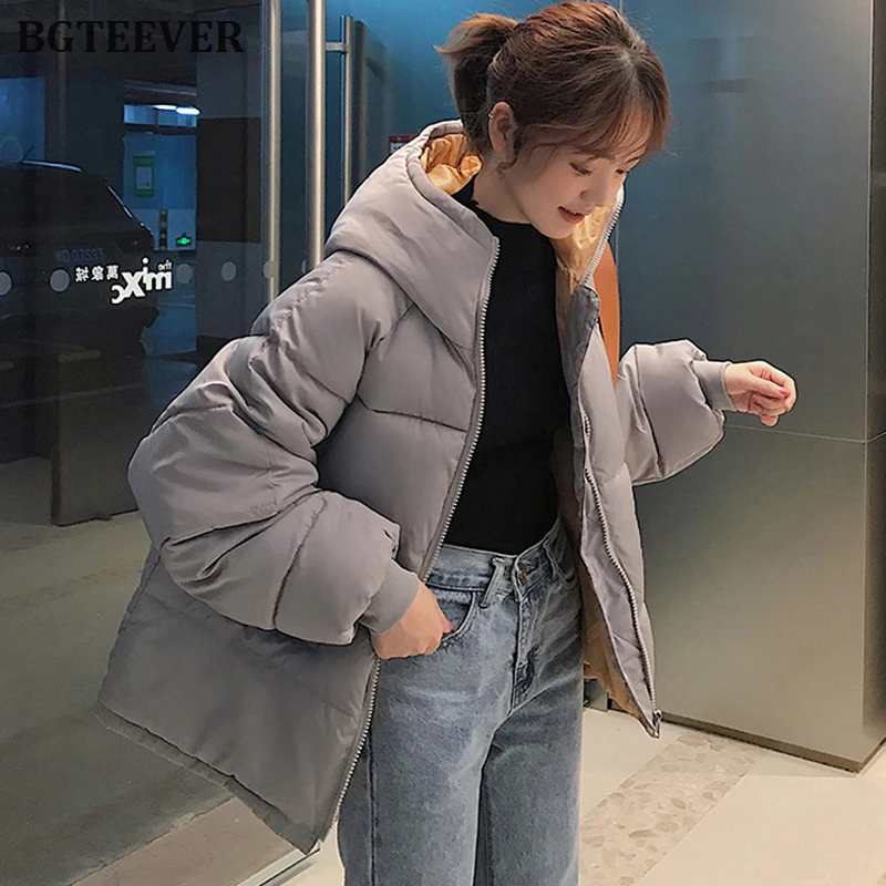 BGTEEVER утепленные женские парки зимнее пальто куртка свободные пуховики с шапкой