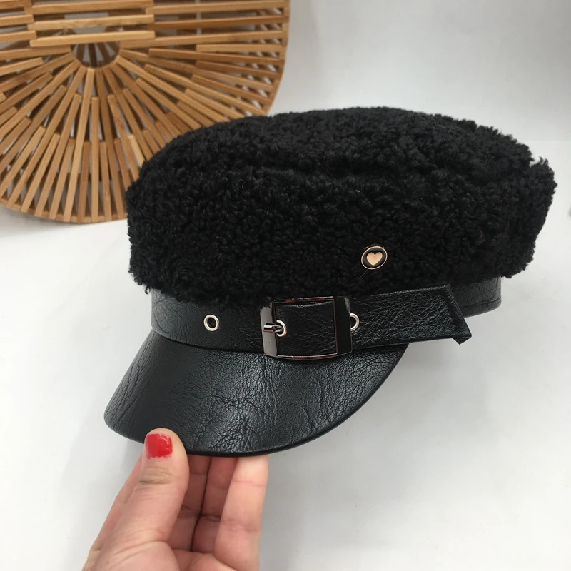 Корейская супер огненная овечья кожа темно-синяя шляпа женская осенняя и зимняя