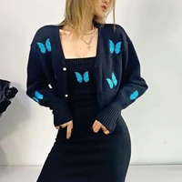 cardigan jacket ladies long sleeved v neck autumn and winter casual short butterfly embroidered lantern sleeve knitted sweater