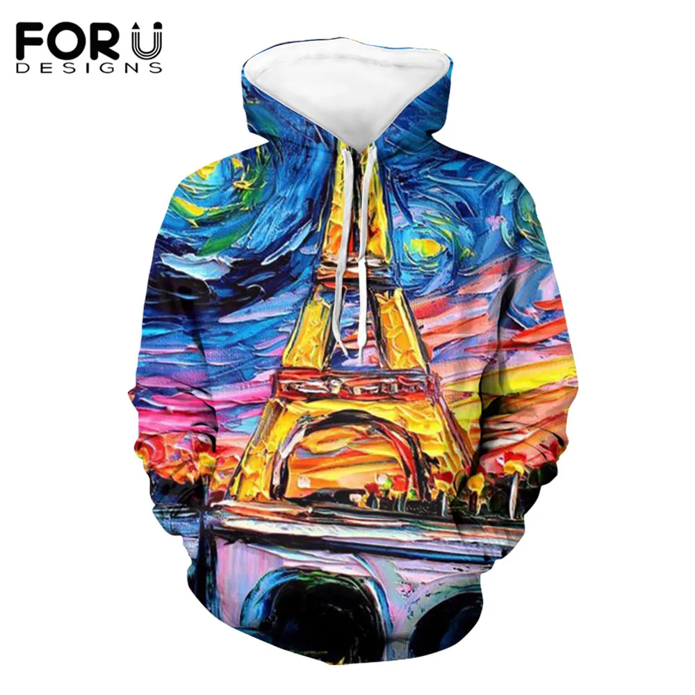 

FORUDESIGNS Oversize Hoodie Women Long Sleeve Pullover with Hooded Eiffel Tower Oil Painting Print Fall Sweatshirts Pull Femme