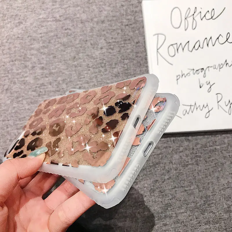 

For iPhone 11 12 11Pro Max Mirror Leopard Print Phone Case For iPhone 11 Pro XR XS Max X 7 8 Plus 6S Soft TPU Gold Glitter Cover