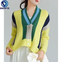 woman sweater knitted cardigan hit color long sleeve v collar loose wild casual style 2021 new autumn fashion knitted cardigan
