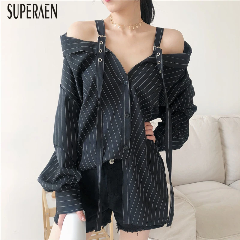 

SuperAen 2022 Spring Summer Cotton Wild Fashion Casual Stripes Off-shoulder Shirts Female Long Sleeve Loose Women's Blouses Tops