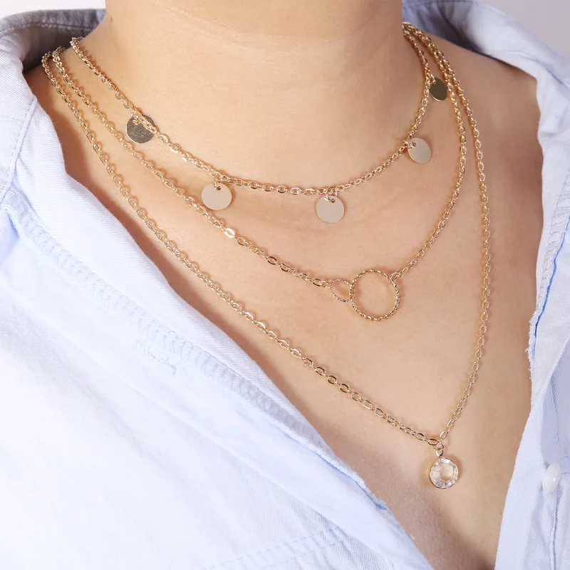 Большое и маленькое ожерелье с блестками кристаллами многослойное из ключицы