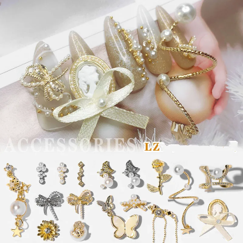 3D Charm Metal Alloy Nail Art Rhinestone Decoration Luxury Pearl Ring Chain Bow Design Nails Zircon Jewelry Manicure Accessories | Красота и