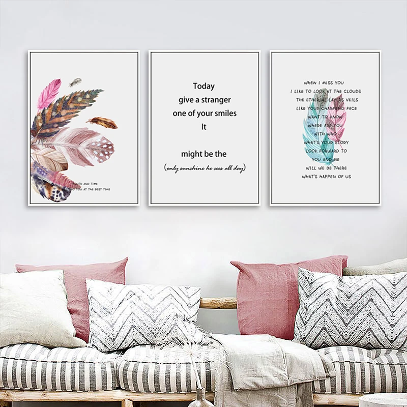 Скандинавский постер с розовыми перьями и цитатами абстрактная настенная