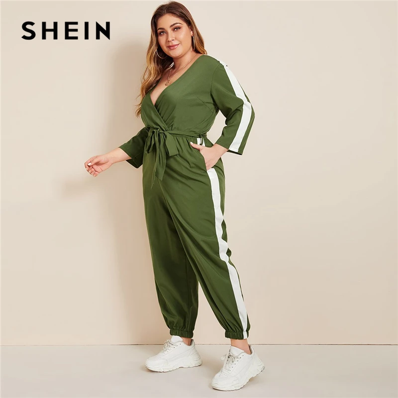 SHEIN плюс размер цветной блок Surplice передний комбинезон с поясом женский весенне-осенний Повседневный v-образный вырез длинный рукав спортивные длинные Комбинезоны
