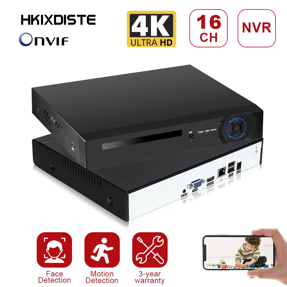 

HKIXDIST 4K NVR H.265 HEVC 16CH NVR для 8MP/5MP/4MP/3MP/2MP POE IP-камеры, металлический сетевой видеорегистратор P2P для системы видеонаблюдения