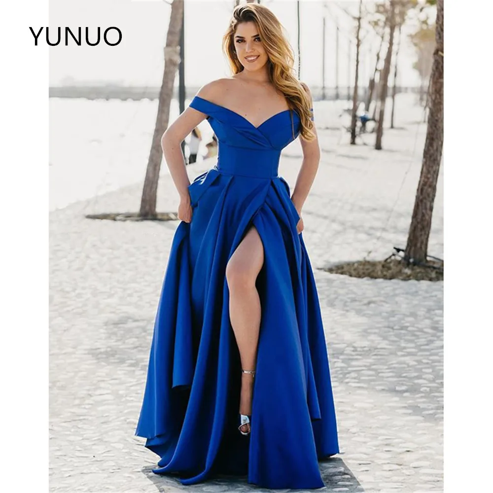 YUNUO 2021 с открытыми плечами платье для выпускного бала голубое атласное