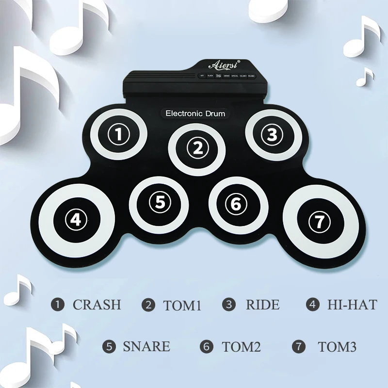 Roll Up Set Silicone 7 Pads Electronic Drum Sets with Sustain Pedal Hand Percussion gift Musical Toy Instrument with stickers