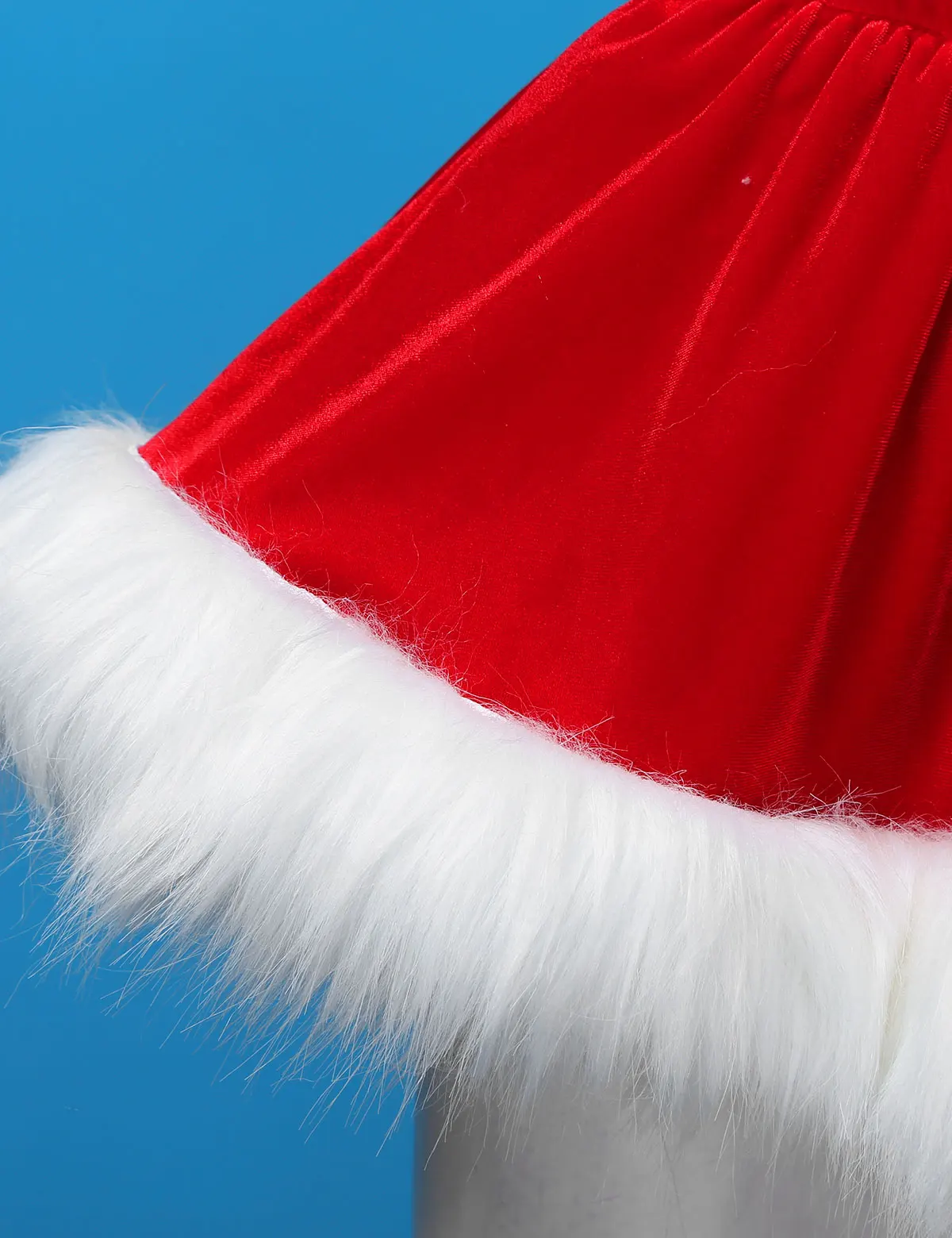 

Women Red Ladies Christmas Costume Party Transparent Shoulder Strap Sleeveless Faux Fur Trim Dress with Belt Hat for New Year