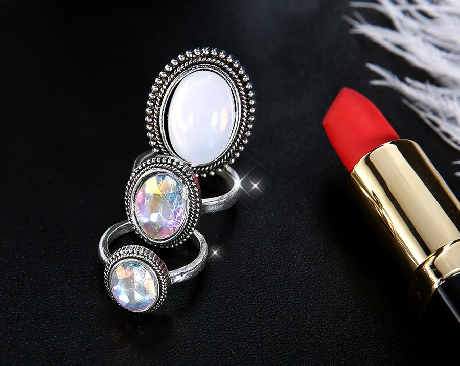 RAVIMOUR 3 шт./компл. панк кольца для Для женщин Женский Vintage Opal резиновый Свадебный Тарельчатая комплект Модные украшения Аксессуары