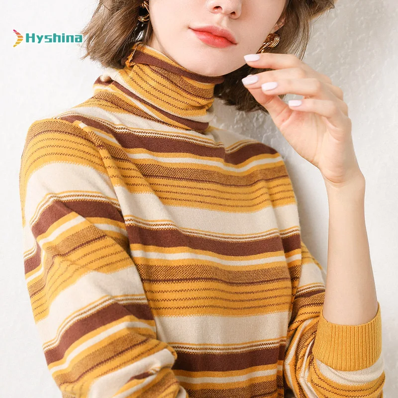 

Winter New Bottoming Shirt Women's High Collar Versatile Striped Knitwear Long Sleeve Slim Fit with Top