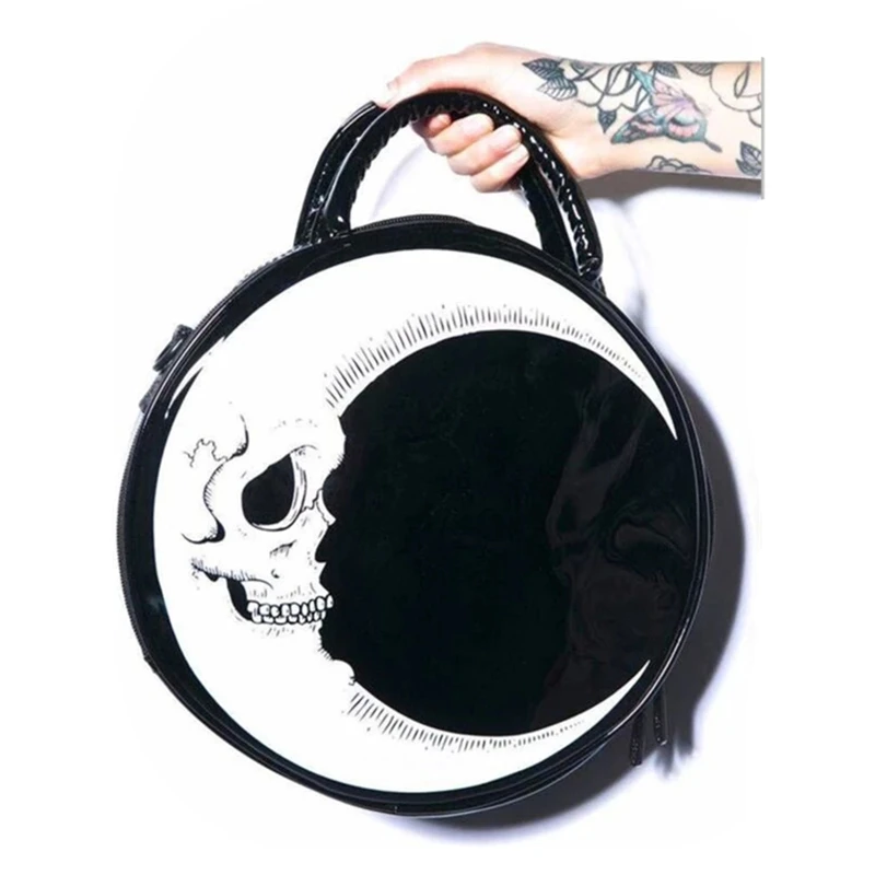

Women Lady Girl Punk Dark Skull Head Thunder Flash Printed Gothic Cross Body MOON Messenger Bag Round Handbag Harajuku
