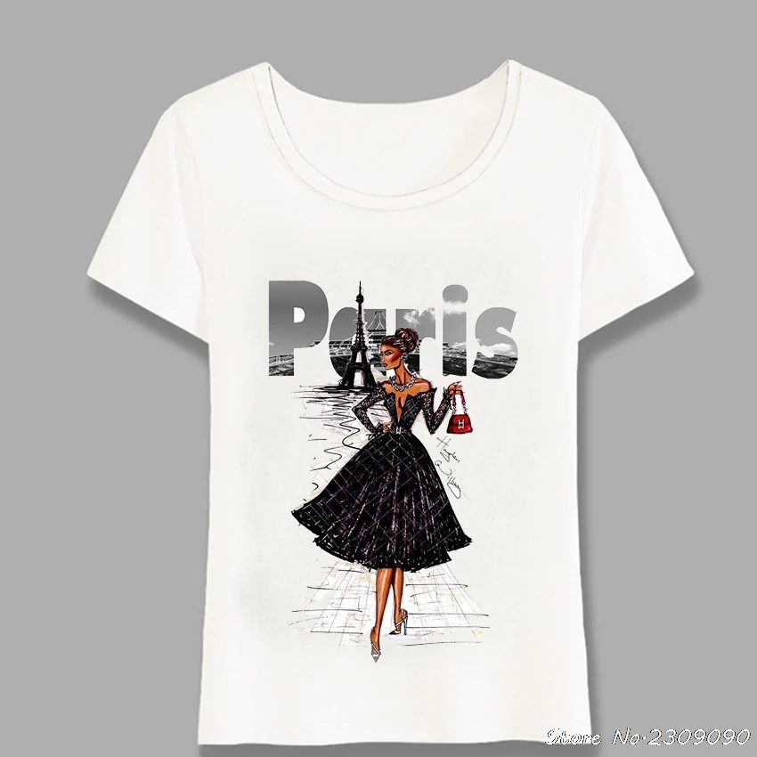 Винтаж моды в Париже Принт для девочек Футболка женская летняя футболка с
