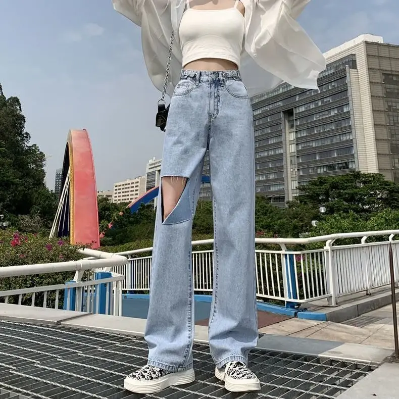 

Ripped jeans women's loose wide-legged high-waist all-match adjustable trousers women's jeans high-quality straight-leg pants