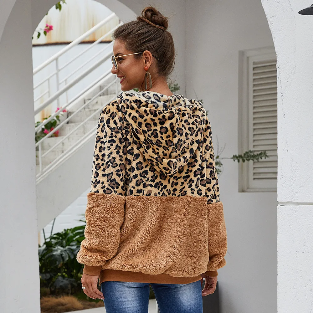 

Fashion Leisure Women Long Sleeves Zipper Leopard Pattern Splicing Short Coat Top Women's Autumn Winter Lady Loose Fit Coat Top
