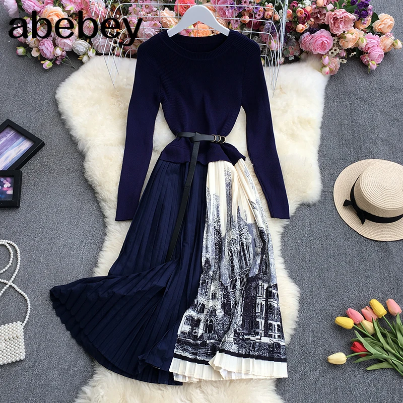 

2021 New Autumn Winter Korean O-neck long sleeve Dress knitted patchwork high waist lace up mid-length A-line Pleated Dress