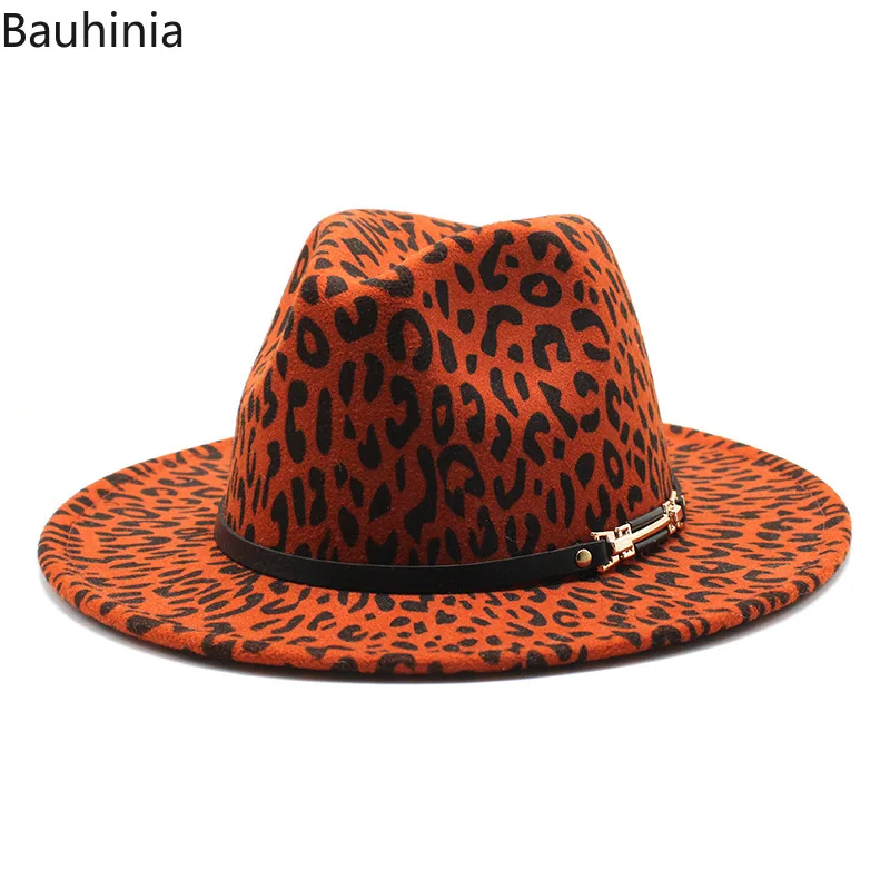 

Bauhinia Fall Unisex Leopard Flat Brim Wool Fashion Design Belt Winter Vintage Ladies Jazz Hats Church Chapeau Formal Felt Cap