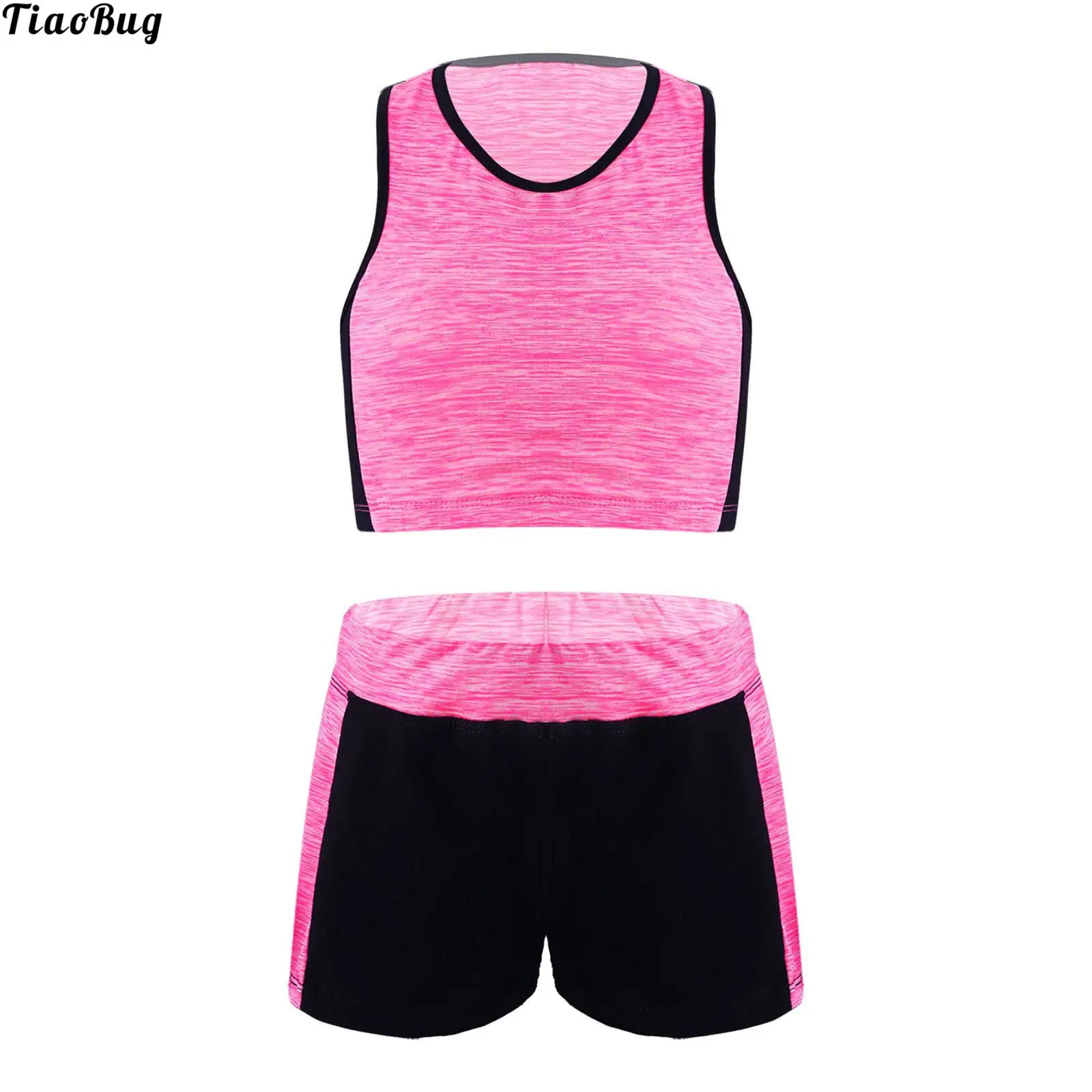 

TiaoBug 2Pcs Kid Girls Sport Suit Round Neck Sleeveless Racer Back Crop Vest Tops And Shorts Set Sportswear For Running Yoga Gym