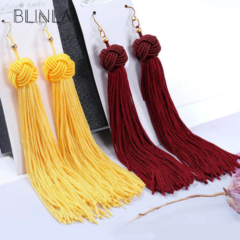 

BLINLA Fashion Bohemian Tassels Pompom Long Drop Earrings for Women Red Cotton Silk Fabric Fringe Dangle Earrings 2019 Jewelry.