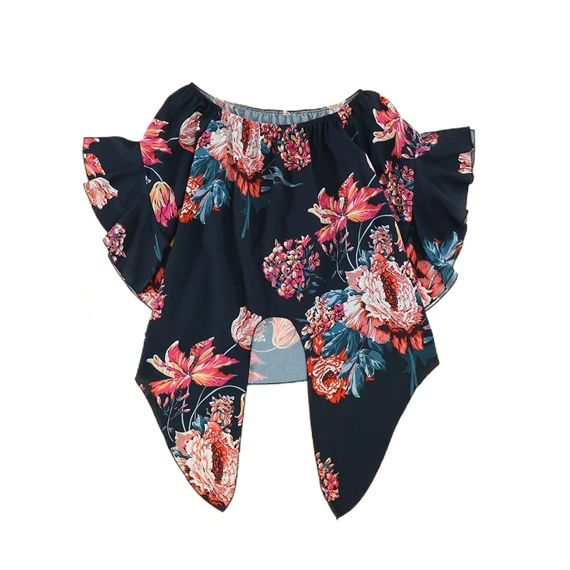 

Chiffon Shirt Women's European and American Summer New Loose Sexy One-shoulder Printing Knotted Pullover Blouse